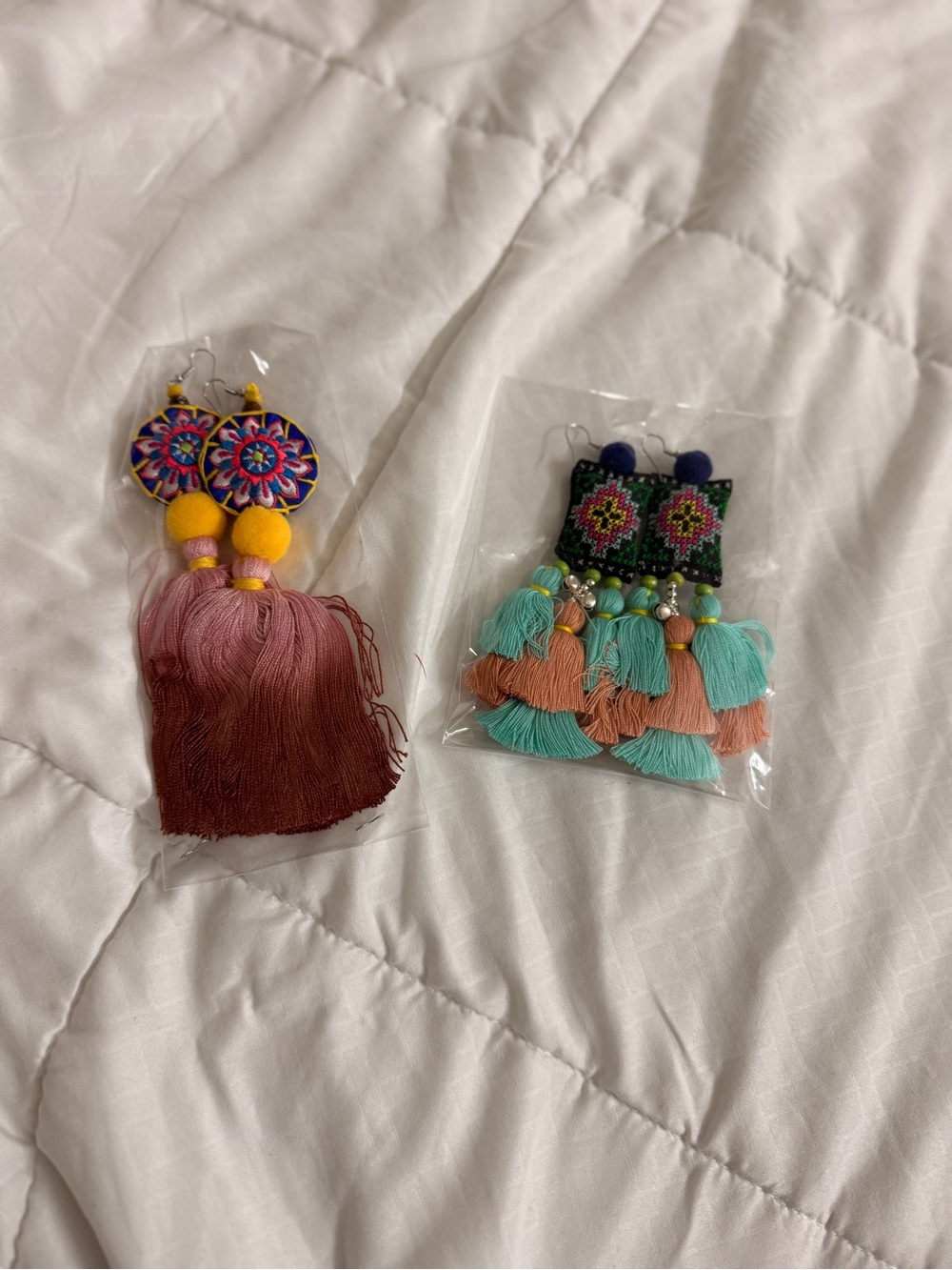 Handmade Cotton Tassel Statement Earrings in Pink, Teal & Coral